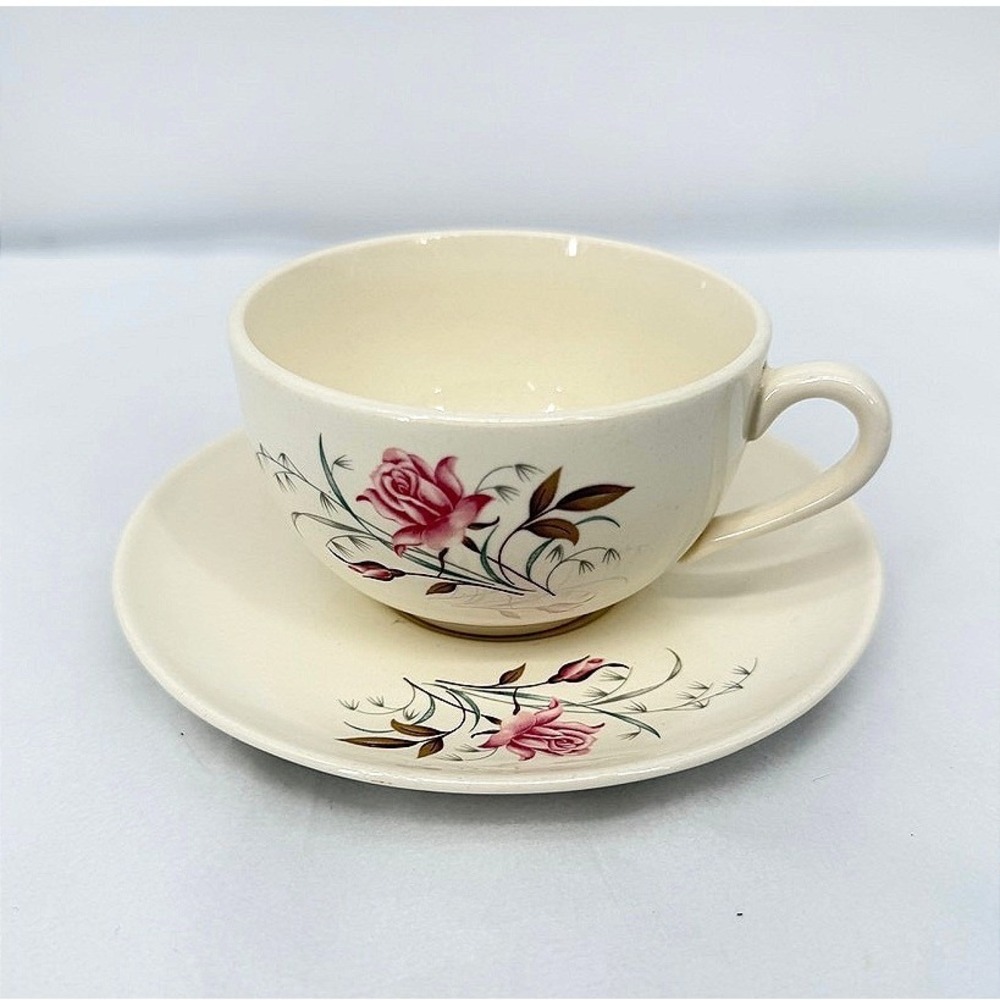 Pottery Cup and Saucer Set Floral Pink Rose Vintage Tea Set Cottage Core Shabby
